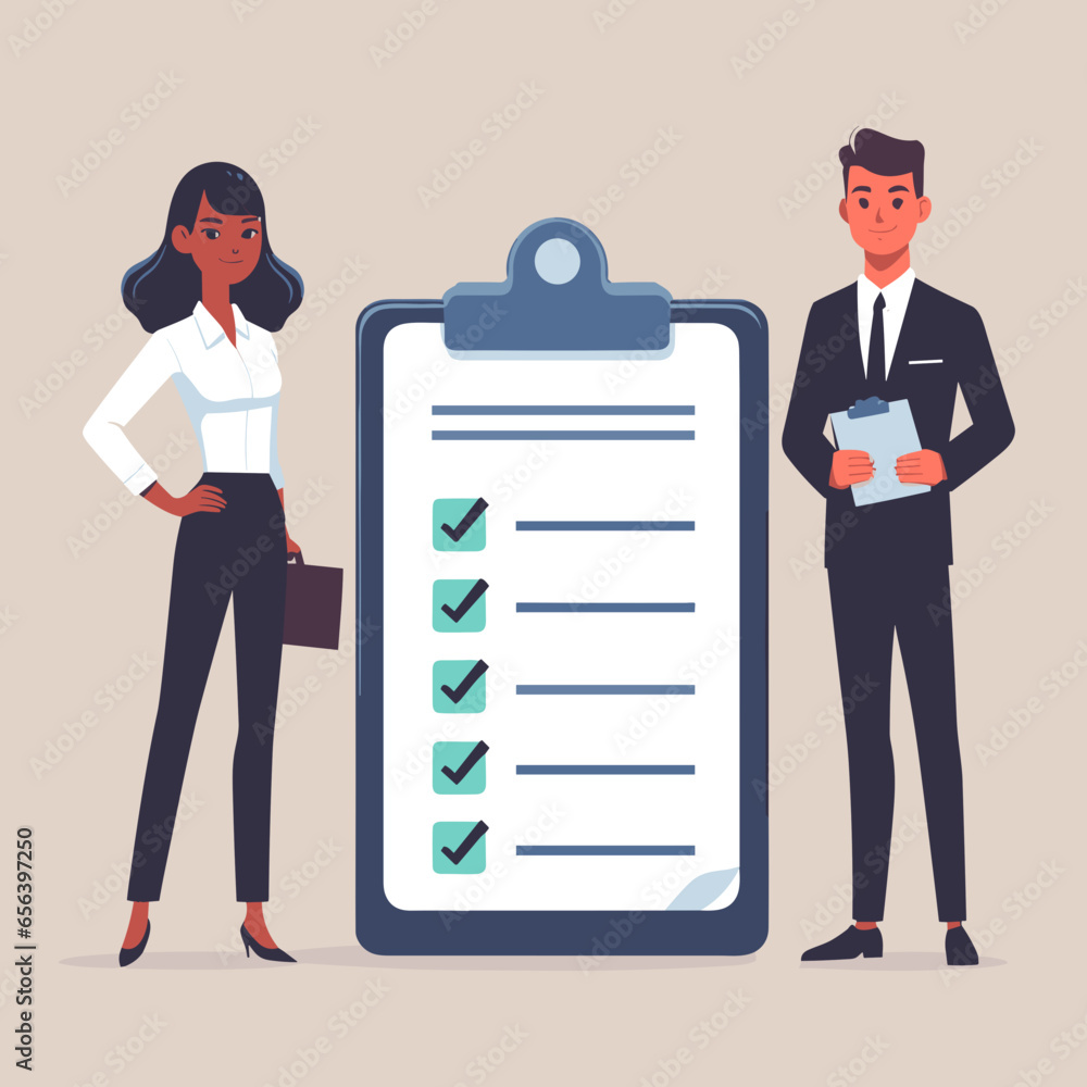 Businesswoman and businessman with giant clipboard checklist Businesswoman and businessman with giant clipboard checklist