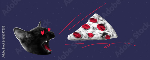 A collage on the theme of loving pizza. A cat with an open mouth. Pizza is flying into his mouth. Grunge background with minimalistic noise . Vector halftone illustration.