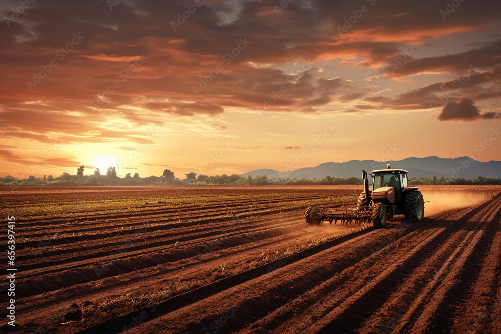 Fototapeta premium Agricultural workers with tractors. Ploughing a field with tractor at sunset