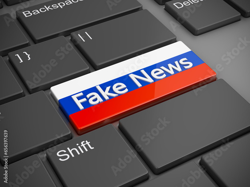A button on the keyboard with the Russian flag and the inscription Fake News. 3D rendering.