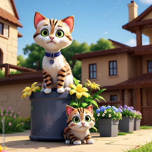 3D Renderinga  cartoon cat sitting on a pot with flowers Ai Generate (ID: 656397834)