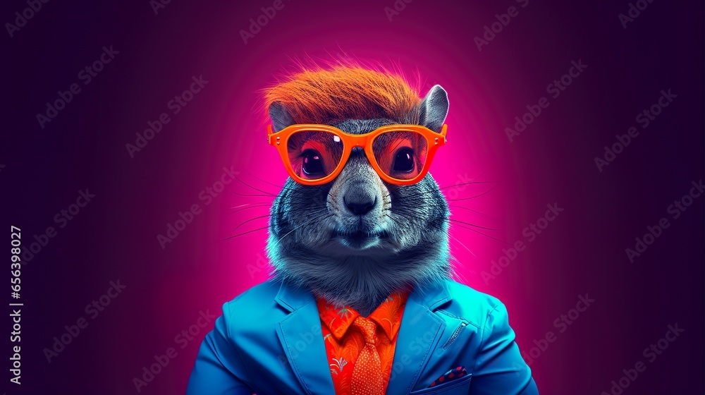 Squirrel in human vibrant suit wearing transparent glares on gradient neon pink background.