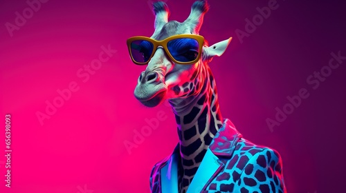 Look a like human giraffe wearing human outfit & party sunglasses on a fluorescent electric gradient background.