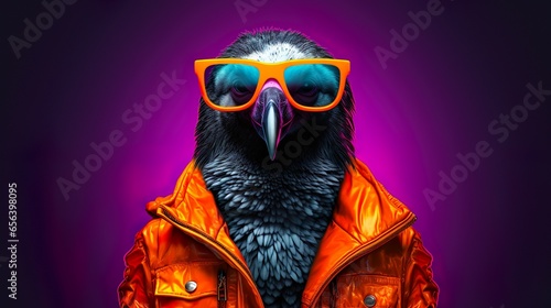 Wild dark colour Hawk in vibrant orange jacket, eyeshades on a purple gradient background. photo