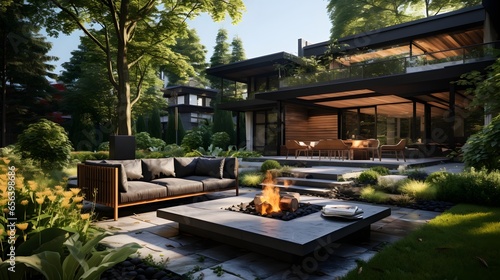 Evening home garden, Backyard garden design, Garden inspiration, Fire place in the garden, generative AI  © Nadun