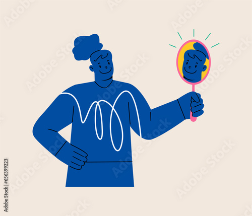 Smiling woman looking at herself in mirror. Self-love and narcissism concept. Psychological problem. Colorful vector illustration