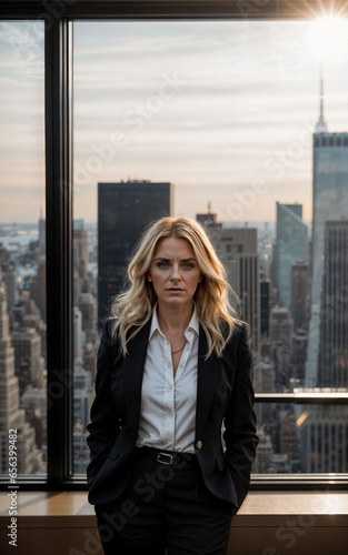 photo of serious office working woman with high rise building in background, generative AI