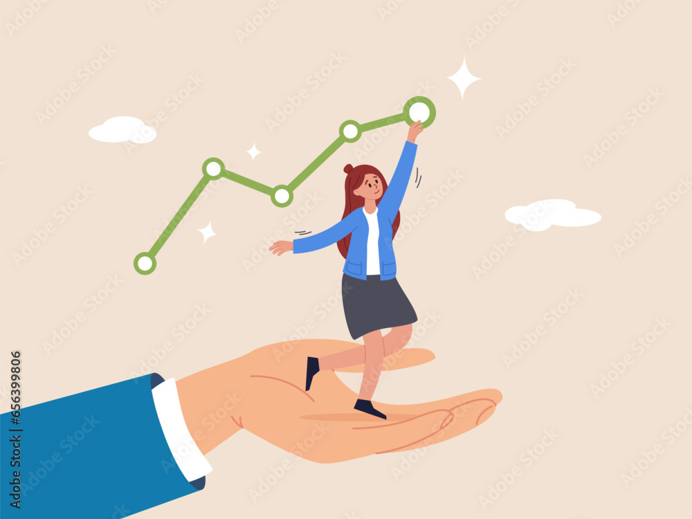 Solution concept. Helping hand support for business success, growth or reach target, career progress or improvement, assistance or advice, hand helping businesswoman to reach success growing chart. Solution concept. Helping hand support for business success, growth or reach target, career progress or improvement, assistance or advice, hand helping businesswoman to reach success growing chart.