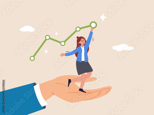 Solution concept. Helping hand support for business success, growth or reach target, career progress or improvement, assistance or advice, hand helping businesswoman to reach success growing chart.