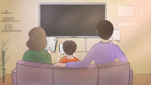 family sitting in sofa in front of turned off television and reading books (ID: 656399818)