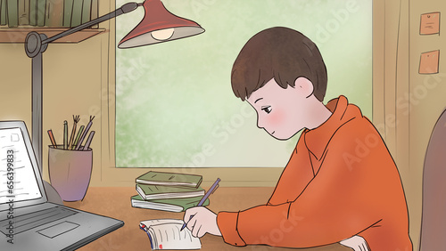 boy doing homework, writing in notebook on the desk in his room lo-fi style (ID: 656399833)