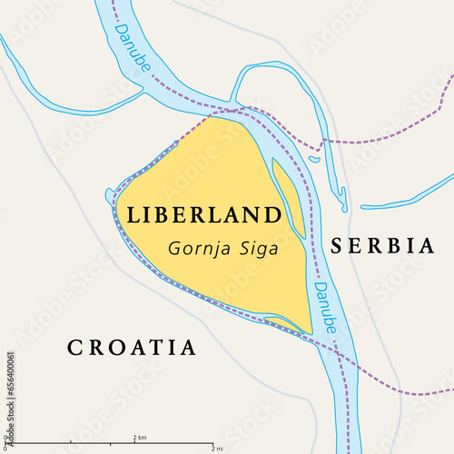 Free Republic of Liberland, political map. Unrecognized micronation in Southeast Europe, claiming Gornja Siga, uninhabited parcel of disputed land on western bank of Danube between Croatia and Serbia.