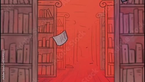 burning library with books and bookshelf animation  (ID: 656400225)