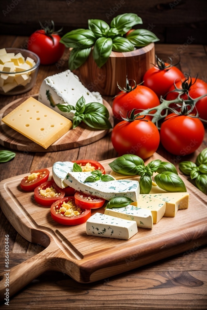 Tomato, basil, cheese,mozzarella, on wooden Tomato, basil, cheese,mozzarella, on wooden