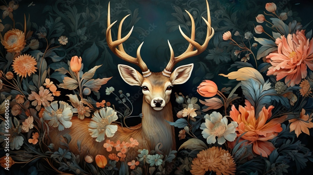 3d render wild Deer standing, long horns, floral background for wall painting, stickers, frame, beautiful wall, best looking, wall texture. - obrazy, fototapety, plakaty 