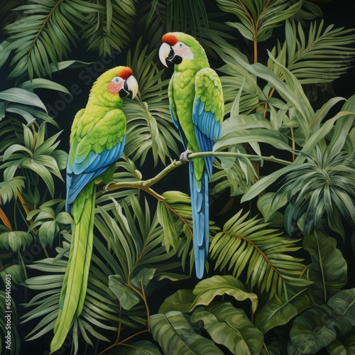 Illustration of colorful exotic Parrot birds in Amazon Jungle. Vibrant wild tropical rainforest background. Generative AI © Creation    Art