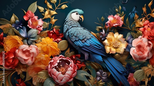 Naklejka na ścianę 3d render Blue African Parrot, floral background for wall painting, stickers, frame, beautiful wall, best looking, wall texture.
