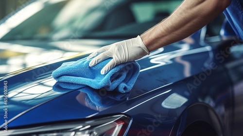 Man cleaning car with microfiber cloth, car detailing concept. Car wash background. ai generative