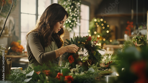 Florist making beautiful Christmas wreath. ai generative