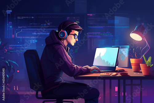 flat character sitting in front of a desk with a laptop on it. writing code | Generative Ai