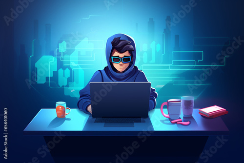 flat character sitting in front of a desk with a laptop on it. writing code | Generative Ai