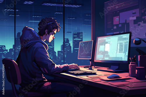 flat character sitting in front of a desk with a laptop on it. writing code | Generative Ai