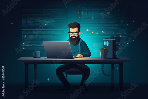 flat character sitting in front of a desk with a laptop on it. writing code | Generative Ai