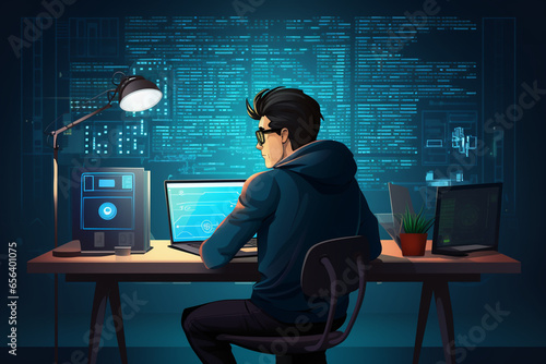 flat character sitting in front of a desk with a laptop on it. writing code | Generative Ai