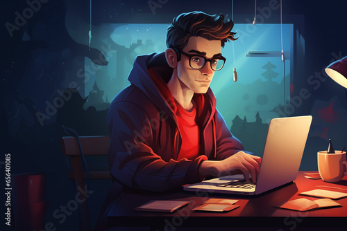 flat character sitting in front of a desk with a laptop on it. writing code | Generative Ai