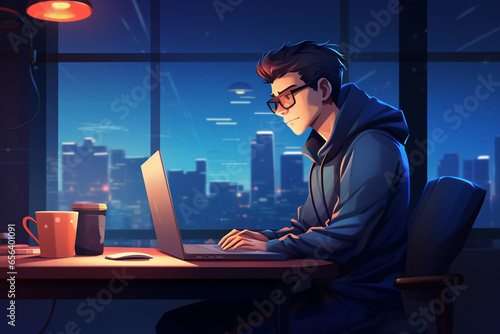 flat character sitting in front of a desk with a laptop on it. writing code | Generative Ai