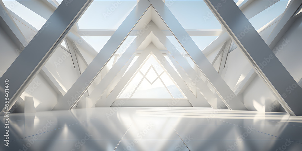 Obraz premium Symmetrical geometric white building background scene with Dramatic light rays and shadows