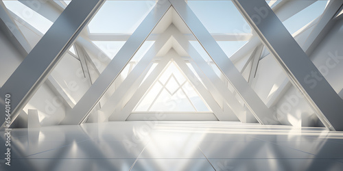 Symmetrical geometric white building background scene with Dramatic light rays and shadows © kevin