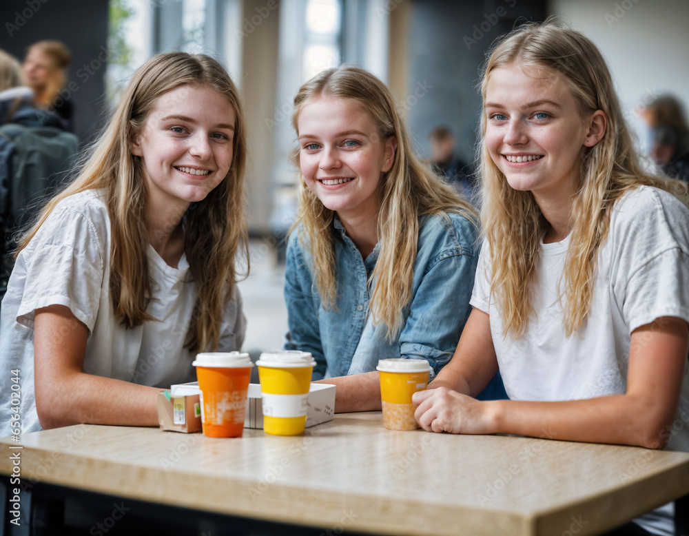 photo of happy girl teenager in canteen school, generative AI photo of happy girl teenager in canteen school, generative AI