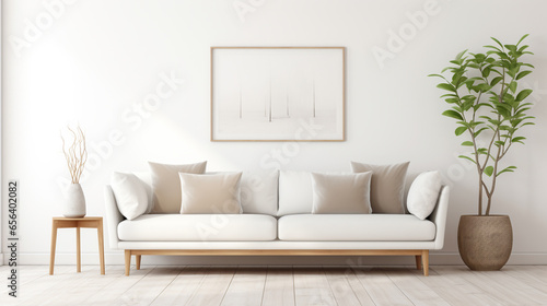 Curved loveseat sofa against white wall with frames. Scandinavian home interior design of modern living room. ai generative © Oleksandr
