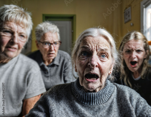 photo of angry senior people in nursing home, generative AI