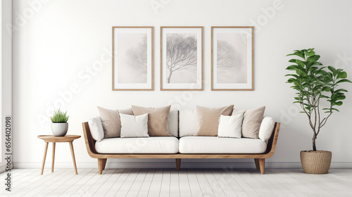 Curved loveseat sofa against white wall with frames. Scandinavian home interior design of modern living room. ai generative