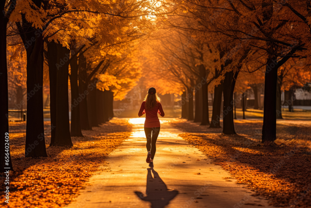 Individual jogging through a leaf-strewn park during autumn to boost immunity Individual jogging through a leaf-strewn park during autumn to boost immunity