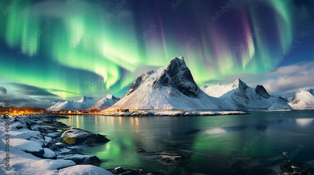 Aurora borealis over the sea, snowy mountains and city lights at night. Northern lights in Lofoten islands, Norway. ai generative