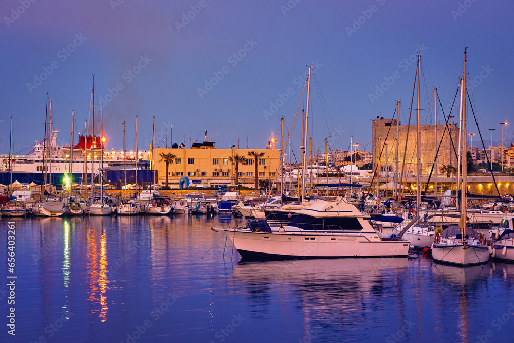 View of port area and bay in Heraklion, capital of Crete island