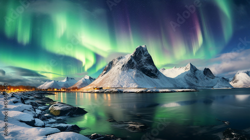 Aurora borealis over the sea  snowy mountains and city lights at night. Northern lights in Lofoten islands  Norway. ai generative