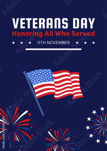 Veterans day flyer design. American veterans day celebration flyer with fireworks