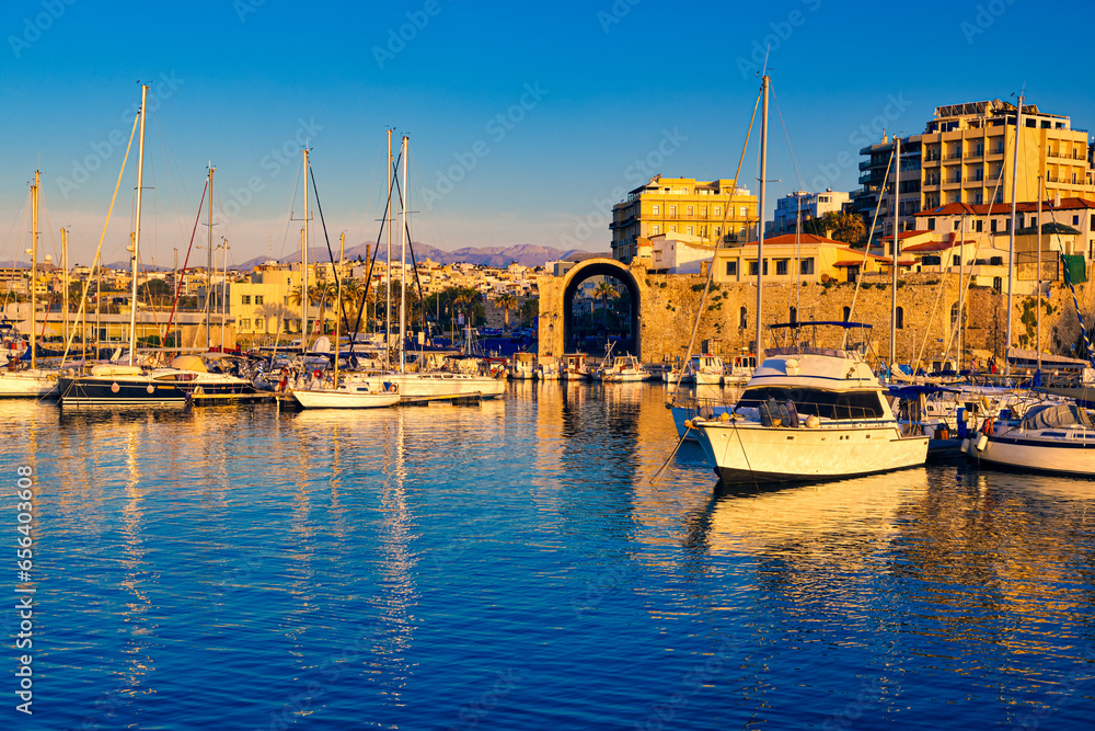 Sunset in town and port of Heraklion, capital of Crete island, Greece