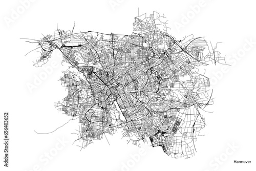 Hanover city map with roads and streets, Germany. Black and white. Vector outline illustration.