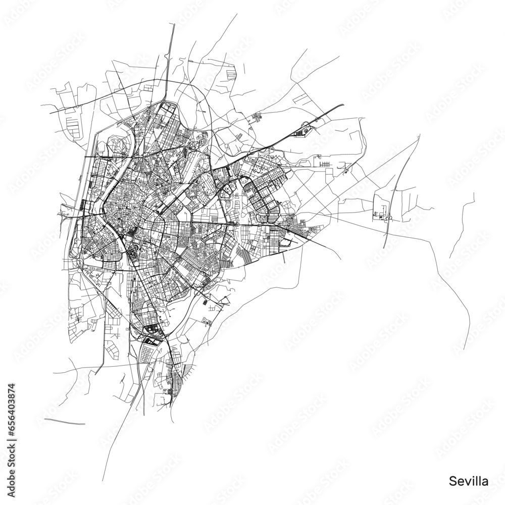 Seville city map with roads and streets, Spain. Vector outline ...