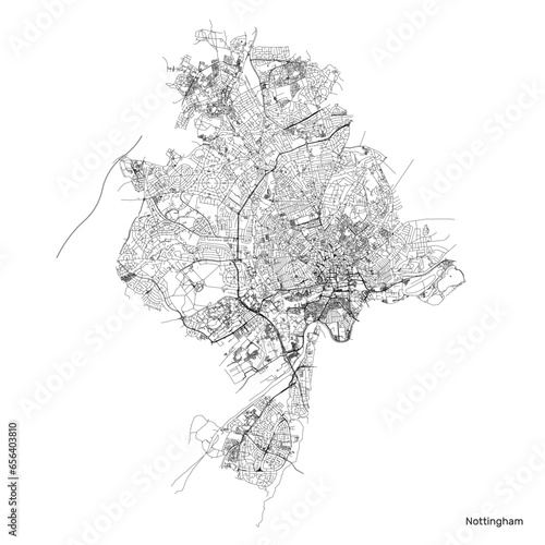 Nottingham city map with roads and streets, United Kingdom. Vector outline illustration.