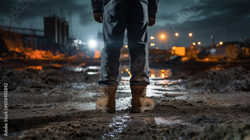 Builder's boots on an illuminated construction site at night. ai generative