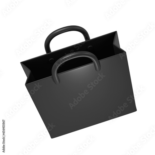 3d render Black Friday illustration with modern dark shopping bag mock up design. Discount, special offers promotion, shop advertisement