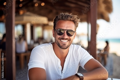 Portrait of a handsome young man wearing sunglasses and smiling at the beach
