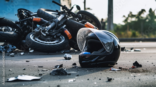 a motorcyclist helmet lies on the asphalt in the background a broken motorcycle, an accident. ai generative