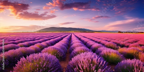 Agriculture harvest background landscape panorama - Closeup of blooming lavender field photo